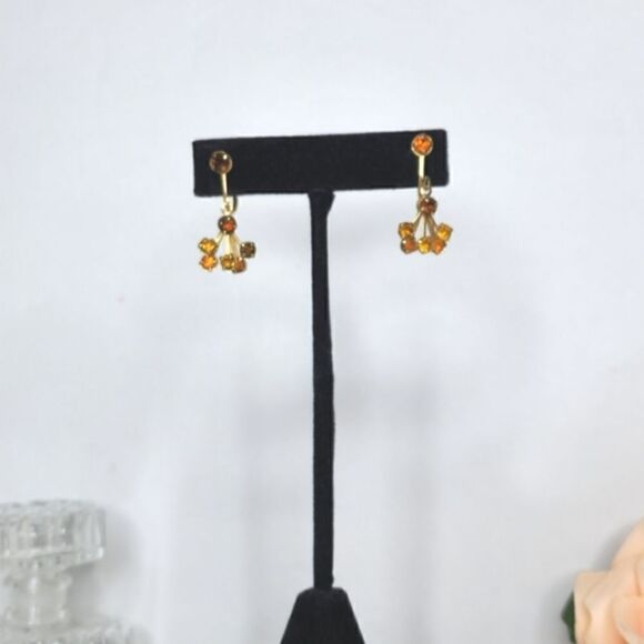 Vintage Austrian gold citrine amber crystal dangle earrings - Picture 3 of 8